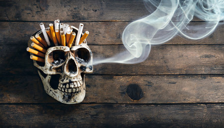 Close-up of a skull shaped ashtray full of cigarette butts on a wooden table with copy space and cigarette smoke. Anti smoking campaign concept. Generative Ai.の素材