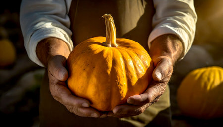 Close-up of two wrinkled hands of a male farmer holding a ripe orange pumpkin. Generative Ai.の素材