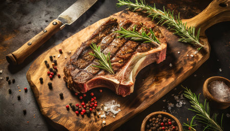 Close-up of a grilled t-bone steak on a wooden cutting board with Rosemary Sprigs, peppercorns and a knife, on an old wooden table. Generative Ai.の素材