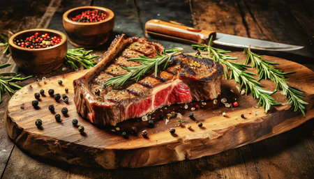 Close-up of a grilled t-bone steak on a wooden cutting board with Rosemary Sprigs, peppercorns and a knife, on an old wooden table. Generative Ai.の素材