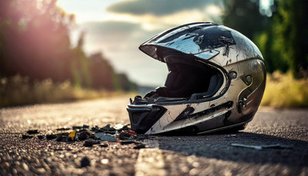 Close-up of a broken motorcycle helmet lying on the asphalt of a road after an accident. Generative Ai.の素材