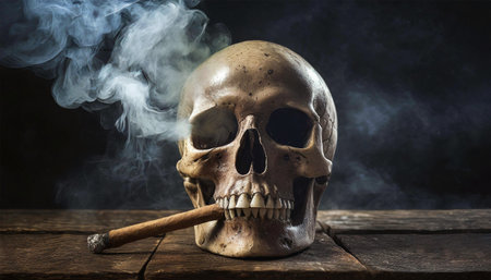 Closeup of a human skull smoking a cigar on a wooden table with dark background and smoke. Anti smoking campaign concept. Generative Ai.の素材