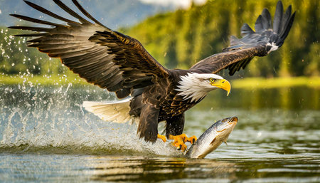 Closeup and side view of an American bald eagle flying with spread wings and catching a fish with water splashes of a mountain lake. Generative Ai.の素材