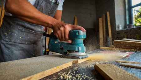 Close-up of a carpenter at workshop polishes a wooden board with an electric orbital sander, on a dark workshop. Generative Ai.の素材
