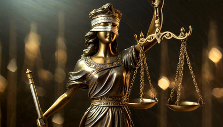 Closeup of the bronze statue of Themis, blindfolded goddess of justice holding the scales of law and a sword, on a dark background with light coming from above. Generative Ai.の素材