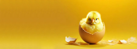 Closeup of a cute chick in a broken eggshell looking at camera, on a yellow and orange background with copy space. Generative Ai.の素材