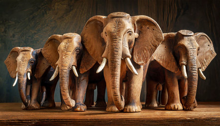 Group of four wooden elephants carved in hardwood on a wooden table. Generative Ai.の素材