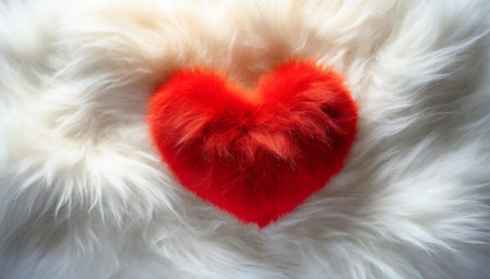 Closeup of a red fluffy heart on a white soft carpet. Tender love concept. Generative Ai.の素材
