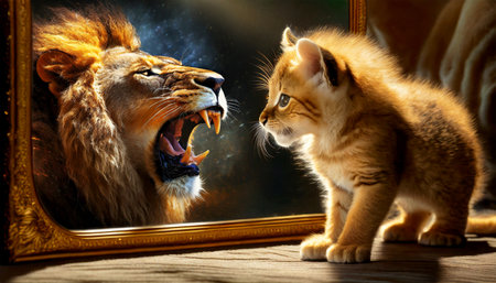 Face to face between a kitten and a roaring lion. Close-up of a cute kitten looking in the mirror, in the mirror the head of a roaring lion.の素材