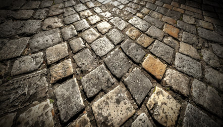Closeup of a porphyry old Roman stone pavement called Sanpietrini or Sampietrini. Typical Roman era road pavement made of small cube-shaped stone cobbles. Generative Ai.の素材