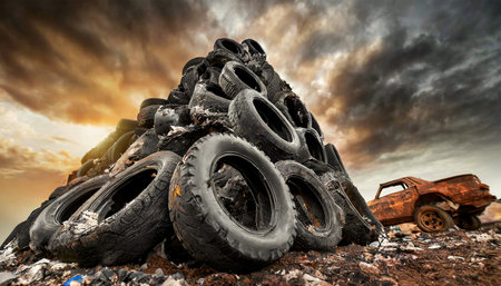 Closeup of a large heap of waste rubber tires in a landfill against a dramatic sky. Generative Ai.の素材