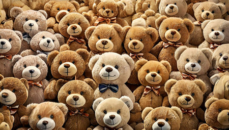 Closeup of a large group of cute smiling teddy bears looking at camera, full frame, background. Generative Aiの素材