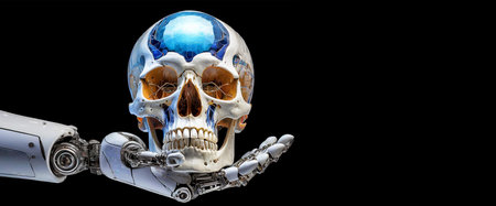 Close-up of a humanoid robot hand holding a human skull, isolated on black background with copy space. Generative Ai.の素材