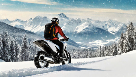 Side view of a man riding an off-road motorcycle (motocross or enduro motorcycle) on a mountain road in a snowy landscape. Snow-capped peaks and blue sky with clouds in the background. Generative Ai.の素材