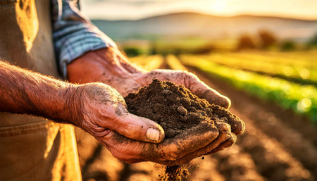 Close-up of two wrinkled hands (cupped hands full soil) of a farmer, showing the soil of his cultivated field. In the background a blurred agricultural field at sunrise or sunset.の素材