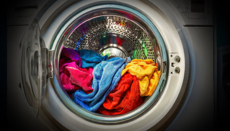 Closeup of a washing machine full of multicolored clothes, laundry before washing, concept. Generative Ai.の素材