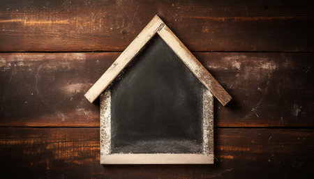 Closeup of an empty blackboard in the shape of a small wooden model house on a wooden table with copy space. Generative Ai.の素材