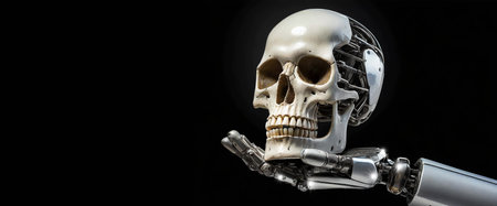 Close-up of a humanoid robot hand holding a human skull, isolated on black background with copy space. Generative Ai.の素材