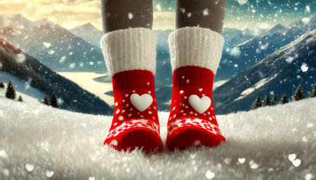 Closeup of a red wool socks with white hearts on female feet on a soft fluffy white carpet. In the background a winter landscape while it snows. Generative Ai.の素材