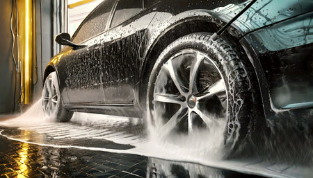 Closeup of a modern black car in a car wash with foam and water jet. High pressure cleaning machine. Generative Ai.の素材