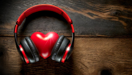 Closeup of a red heart with black and red headphones listens to music on a wooden background with copy space. Generative Ai.の素材
