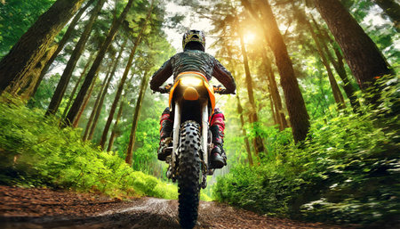 Back view of a man riding an off-road motorcycle (motocross or enduro motorcycle) on a mountain road in a green forest. Generative Ai.の素材