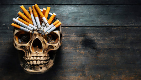 Close-up of a skull shaped ashtray full of cigarette butts on a wooden table with copy space and cigarette smoke. Anti smoking campaign concept. Generative Ai.の素材