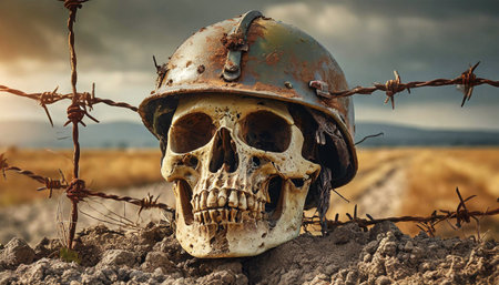 Closeup of a human skull with army helmet abandoned in a trench with rusty barbed wire. Generative Ai.の素材