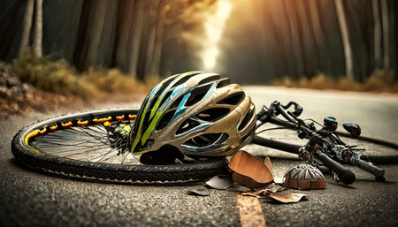 Close-up of a helmet and bicycle lying on the road after an accident. Generative Ai.の素材