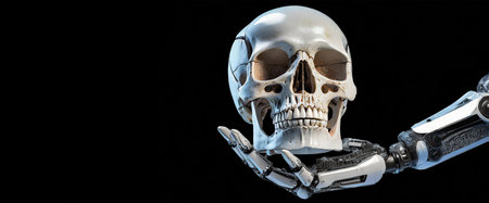 Close-up of a humanoid robot hand holding a human skull, isolated on black background with copy space. Generative Ai.の素材
