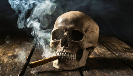 Closeup of a human skull smoking a cigar on a wooden table with dark background and smoke. Anti smoking campaign concept. Generative Ai.の素材