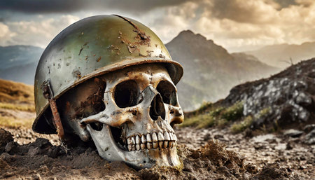 Closeup of a human skull with army helmet abandoned in a muddy trench. Mountain landscape on background. Generative Ai.の素材
