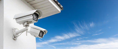 Close-up of two CCTV modern security cameras outside a white house using for recording and monitoring the criminals scene, against a clear blue sky with clouds and copy space. Generative Ai.の素材