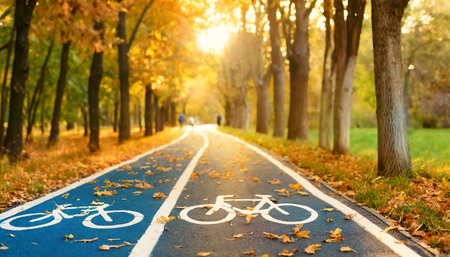 Close-up of a blue and white road sign of a cycle path on a bicycle lane in a public park in autumn. Generative Ai.の素材