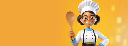 3D cartoon character of a female chef, holding a wooden spoon, looking at camera. On a yellow and orange background with copy space. Generative Ai.の素材