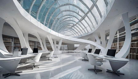 Futuristic and modern white public library. Modern bright library with bookshelves full of multicolored books and space for reading and studying. Generative Ai.の素材