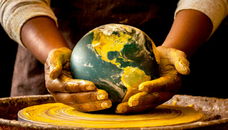 Close-up of two hands of potter making a handmade world globe with a pottery wheel, planet earth. Generative Ai.の素材