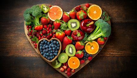 Heart shape made of fruits and vegetables on a wooden table with copy space, cardiovascular health concept. Generative Ai.の素材