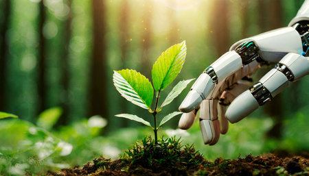 Close-up of a humanoid robot hand touching a small plant with green leaves in a forest. Green technology and environmental conservation concept. Generative Ai.の素材