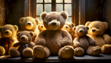 Closeup of a large group of cute smiling teddy bears looking at camera, sitting together in front of a window. Generative Ai.の素材