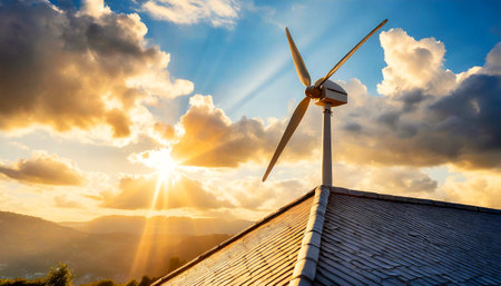 Close-up of a small wind turbine on the top of a roof of a house, against a blue sky with clouds and sunbeams. Renewable energy concept. At sunset or sunrise. Generative Ai.の素材