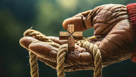 Extreme closeup of a wrinkled hand of an old man holding a small wooden religious cross with ropes, religious symbol of Christianity or prayer. Generative Ai.の素材