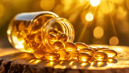 Extreme closeup of a group of Fish Oil Omega 3 Vitamin Capsules with EPA and DHA, inside a small glass bottle, on a wooden table. Generative Ai.の素材