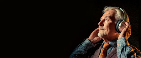 Portrait of a nostalgic old man with headphones listens to music on a black background with copy space. Generative Ai.の素材