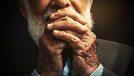 Extreme close-up of a wrinkled hands with fingers crossed of an old man in prayer, classical gesture of a person praying to God in the Christian religion. Generative Ai.の素材