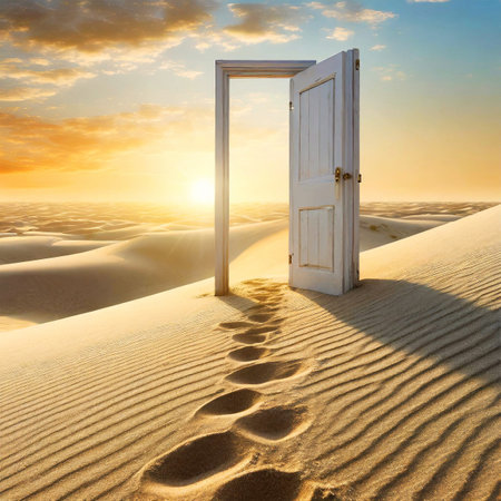 Closeup of an old white open wooden door in a desert landscape with sand dunes at sunset or sunrise. Many human footprints cross the door and are lost on the horizon. Generative Ai.の素材