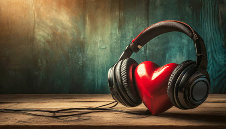 Closeup of a red heart with black and red headphones listens to music on a wooden background with copy space. Generative Ai.の素材