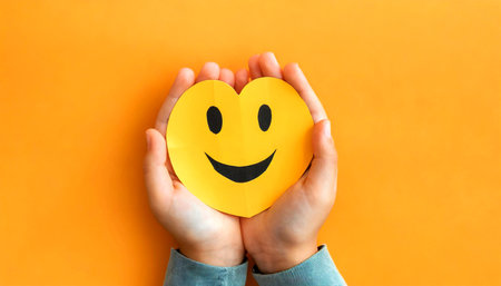 Closeup of a hands of a child (hands cupped,) holding a smiley face (heart shape) made of orange paper on a yellow and orange background with copy space. Generative Ai.の素材