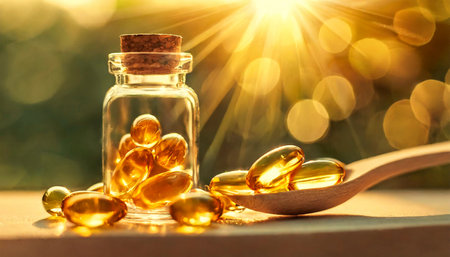 Group of Fish Oil Omega 3 Capsules Vitamin with EPA and DHA, inside a small glass bottle, on a wooden spoon, on a wooden table. Generative Ai.の素材