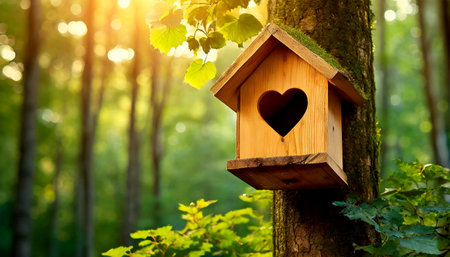 Close-up of a wooden birdhouse with heart shaped entrance, hanging on the trunk, in the background a green forest with blurred trees in sunlight. Generative Aiの素材